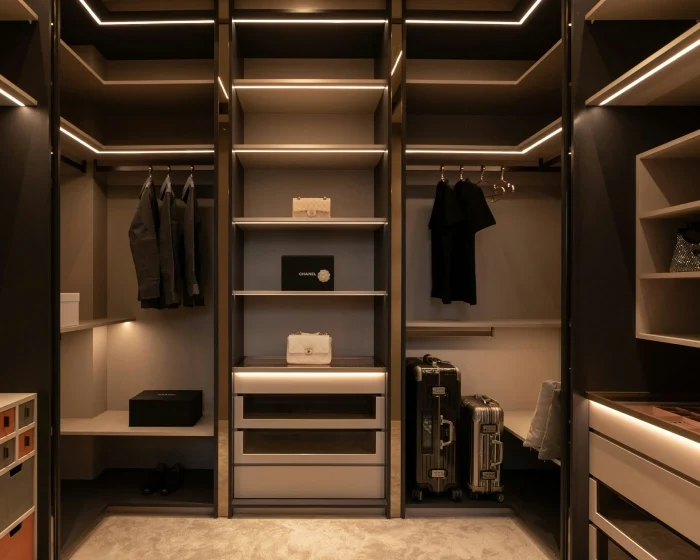 Dressing sur-mesure en noyer massif réalisé par l'Atelier Epure — finitions soignées et rangements optimisés